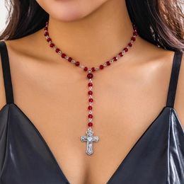 Pendant Necklaces Salircon Gothic Pattern Cross Necklace Punk Black Crystal Beaded Long Tassel Women's Sexy Chest Jewelry