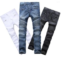 Men's Jeans Biker Men Skinny Stretched With Zippers Pleated High Quality Slim Jean Scratched Pants Trousers