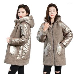 Women's Trench Coats Autumn Winter Fashion Shiny Stitching Down Cotton Parker Women Hooded Warm Jacket Female Faux Fur Lambs Wool Sheep