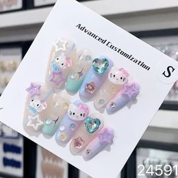 Handgjorda söt press på naglar koreanska stjärna återanvändbart lim falskt täckt långa kista nagelspetsar Artificial Manicure 231226