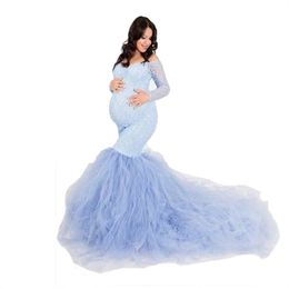 Lace Maternity Dresses Photography Props Sexy Maxi Gown For Pregnant Full Sleeve Women Long Pregnancy Tail Dress Photo Shoots 2024 Spring