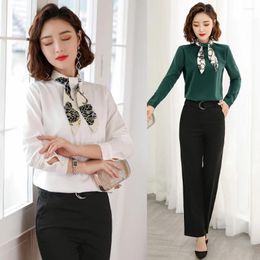 Women's Blouses Fashion Women White & Shirts With Bow Tie Long Sleeve Ladies 2 Piece Pant And Top Sets
