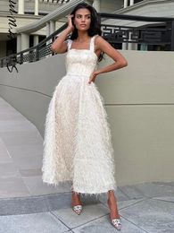Sexy White Feather Backless Midi Dress For Women Fashion Slash Neck Sleeveless High Waist Sling Dresses Elegant Lady Street Robe 231227