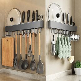 Punch free Kitchen Hook Wall Hanger for Knife Spoon Pot Lid Holder Cooking Utensil Rack with Sliding Hooks Black Hanging Rod 231227