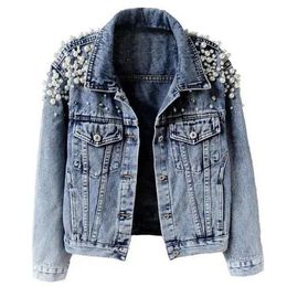 Pearl Denim Coat Women Cotton Spring Autumn Ropa Cardigan Jeans Punk Gothic Bomber Jacket Windbreaker Y2k Jackets Korean 231227