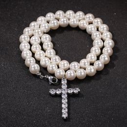 Fashion Mens Pearl Beaded Necklace Hip Hop Jewellery Iced Out Cross Pendant Necklaces 8mm 10mm266p