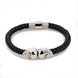 New Fashion Mens Punk Bracelet Multicolor Skull Charm Bracelet Black Leather Handcuff Chain for Men Boys257D