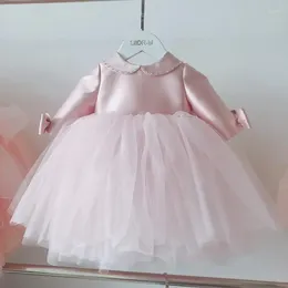 Girl Dresses Solid Pink Bow Princess Birthday Dress Kid Doll Collar Sleeve Design Flower Ball Gown Junior Bridesmaid