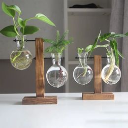 Creative Glass Desktop Planter Bulb Vase Wooden Stand Hydroponic Plant Container Home Tabletop Decor Vases 231227