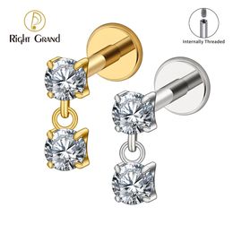 Right Grand ASTM 36 16G Double CZ Floating Dangle Tragus Helix Cartilage Stud Internally Threaded Charm Drop Earring 231227