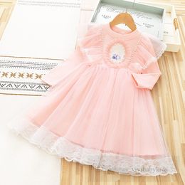 Sweet girls pink lace tulle dresses kids beaded gauze falbala fly sleeve princess dress Valentine's Day children party clothing Z6345