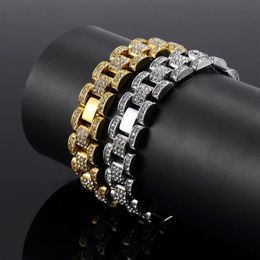 Bling Bling 15mm 21cm Gold Silver Hip Hop Mens Rhinestones Watchband Chain Bracelet Tank Bangle For Boys Rapper Rocker Punk Iced O255V