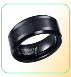 Wedding Ring Beveled Edge 8mm Comfort Fit Mens Black Tungsten Carbide Weeding Band Ring With Black carbon fiber3759834