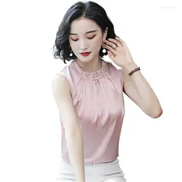 Women's Tanks Uffles Collar Sleeveless Shirts Top Korean Style Women Tank Summer Casual Vintage Solid Satin Clothing Crop