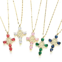 Pendant Necklaces Freetry Fashion Inlaid Colorful Zircon Cross Necklace For Women Charm Virgin Mary Gold Color Chain Portrait