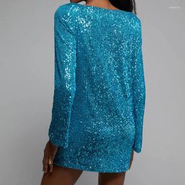 Casual Dresses Sexy Shiny Sequin Long Sleeved Club Party Dress 2023 Autumn Women O-neck Loose Mini Solid Pullover Short
