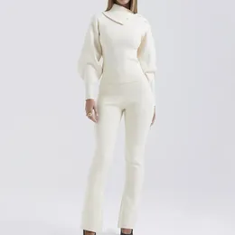 Womens Two Piece Pants Fantoye Sets Women Knitted Set White Turn-down Collar Button Sweater Skinny Pant Suit Winter Casual Sweatshirt