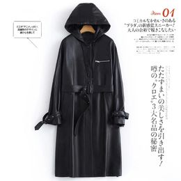 Lautaro Autumn Black Long Leather Trench Coat for Women with Hood Long Sleeve Belt Spring Waterproof Pu Leather Raincoat 231226