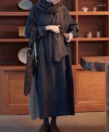 Casual Dresses 2023 Autumn Dark Grey Han Open Front Drop Shoulder Sleeves Pleated Craft Shepherd Robe T23-169