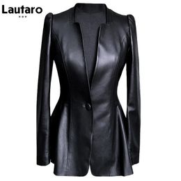 Lautaro Autumn Black Slim Soft Pu Leather Jacket Women Deep V Neck Long Puff Sleeve Elegant Luxury Skirted Blazer Fashion 231226