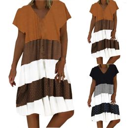 Casual Dresses Summer Women's Skirt Fashion Temperament V-neck Short Sleeve Printed Stripe Polka Dot Stitching Long Button Dress