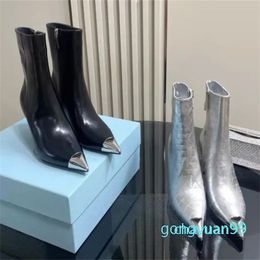 Fashionable heel short Boots women leather metal toe buckle decoration classic side zipper silver diamond pattern half boots