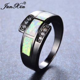 Wedding Rings JUNXIN White Fire Opal Ring With Zircon Vintage Black Gold Filled Jewelry For Men And Women Christmas Day Gift300h