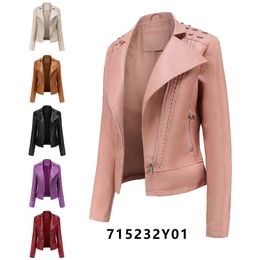 0C 715232Y01 L0U Women's Beaded Leather Jacket Long Sleeved Fashionable Coats Flip Collar Motorcycle Suit Slim Edition