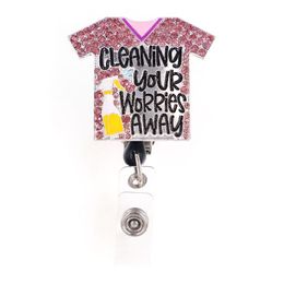 Fashion Style Scrub Cleaning Your Worries Away Brooch Alloy Badge Reel Holder for Nurse Accessories276S