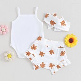 Clothing Sets 3Pcs Born Infant Baby Girl Summer Clothes Sleeveless Funny Letters Romper Flower Ruffle Bloomer Shorts Headband Outfit Set