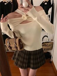 Women's Sweaters Autumn Winter Long Sleeve Slash Neck Halter Knit Base Top Girl's High Stretch Hollow Out Shoulder T Shirt Pullover Sweater