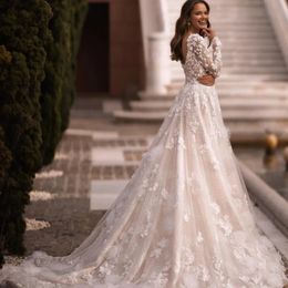 Stunningbride 2024 Champagne A-Line Shiny Beach Wedding Dresses Long Sleeve Illusion Bride Dress Gorgeous Appliques Romantic Bridal Gowns