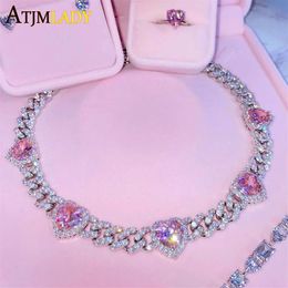 Iced Out Bling Cubic Zirconia 11mm Miami Cuban Link Chain Hearts Necklace Pink Heart CZ Charm Choker Jewellery Hiphop For Women 2207223T