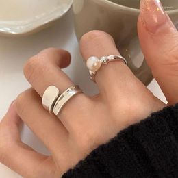 Cluster Rings Fashion Silver Colour Open Finger Ring Pearl Geometric Smooth Punk Stackable For Women Girl Jewellery Gift Dropship Wholesale