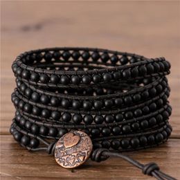 Bangle Vintage Black Matte Agate Beads Leather Beads Wrap Bracelet Boho Natural Stone Cuff Bracelet Classic Jewellery Gift Dropshipping