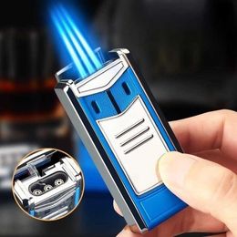Metal No Gas Turbo Torch Cigar Lighter Outdoor Windproof Three Straight Flush Blue Flame Multifunction Inflation Lighter Men's Gift