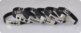 Bangle 36pcs Black Mix Style Silicone Mens ID Stainless Steel Bracelets Cross Heart Cupid arrow Wristband Fashion jewelry Wholesale