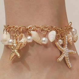Anklets 1 Piece Ocean Series White Glass Pearl Starfish Snail Ankle Anklet Women Exaggerated Bohemian Beach Seaside Travel Leisure