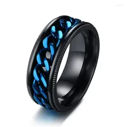 Cluster Rings Men Black Ring Cool Stainless Steel Blue Chain Rotable Titanium Spinner Sport