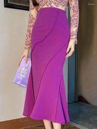 Skirts Korean Style Midi Women Elegant Retro Purple Ruffles Fishtail Long Skirt Mujer Party Outfit Professional Clothes Spring