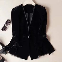 2023 Autumn Big Size Vintage Women Gold Velvet Blazer Formal Suits Loose Lady Black Coat jacket Basic Tops Outwear 2270 231227