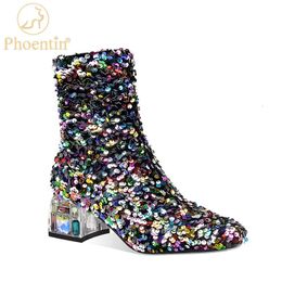 Phoentin bling colorful women boots Autumn winter ladies party shoes crystal mid heels club round toe ankle boot FT1170 231226