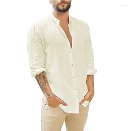 Men's Dress Shirts Cotton Linen Comfortable Cardigan Shirt Solid Casual Standing Collar Long Sleeved And Blouses