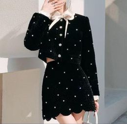 Xiaoxiangfeng Bowtie Beaded Velvet Short Coat Short Skirt Women's Spring 2024 New Miu * m Diamond Wave Edge Set