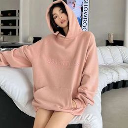 Designer Ess Coloured Autumn Pink Plush Thickened Hoodie Women's New Style