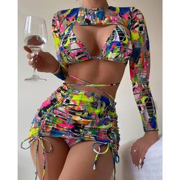 set Print Bikinis with Long Sleeves Cover Ups Swimsuit Women Skirts 4 Pieces Set Swimwear Female String Halter Bathing Suit Summer