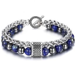 8MM Double Layers Stone Beaded Bracelet for Men Boys Lapis Lazuli Hemitate Metal Lava Stone Stainless Steel Cable Chain TBX00109 Y309c