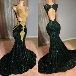 Emerald Green Mermaid African Prom Dress for Women Crystal Beaded Black Girl Birthday Evening Gown Vestidos De Festa