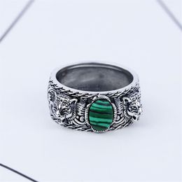 S925 silver tiger head ring retro sterling silver inlaid malachite double tiger head ring men and women trend hip hop turquoise ri255T
