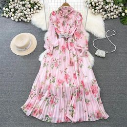 Casual Dresses Gentle Style Elegant Floral Maxi Dress For Women Autumn Long Sleeve Stand Neck Ruffle A-Line Print Chiffon Pleated Z310 1